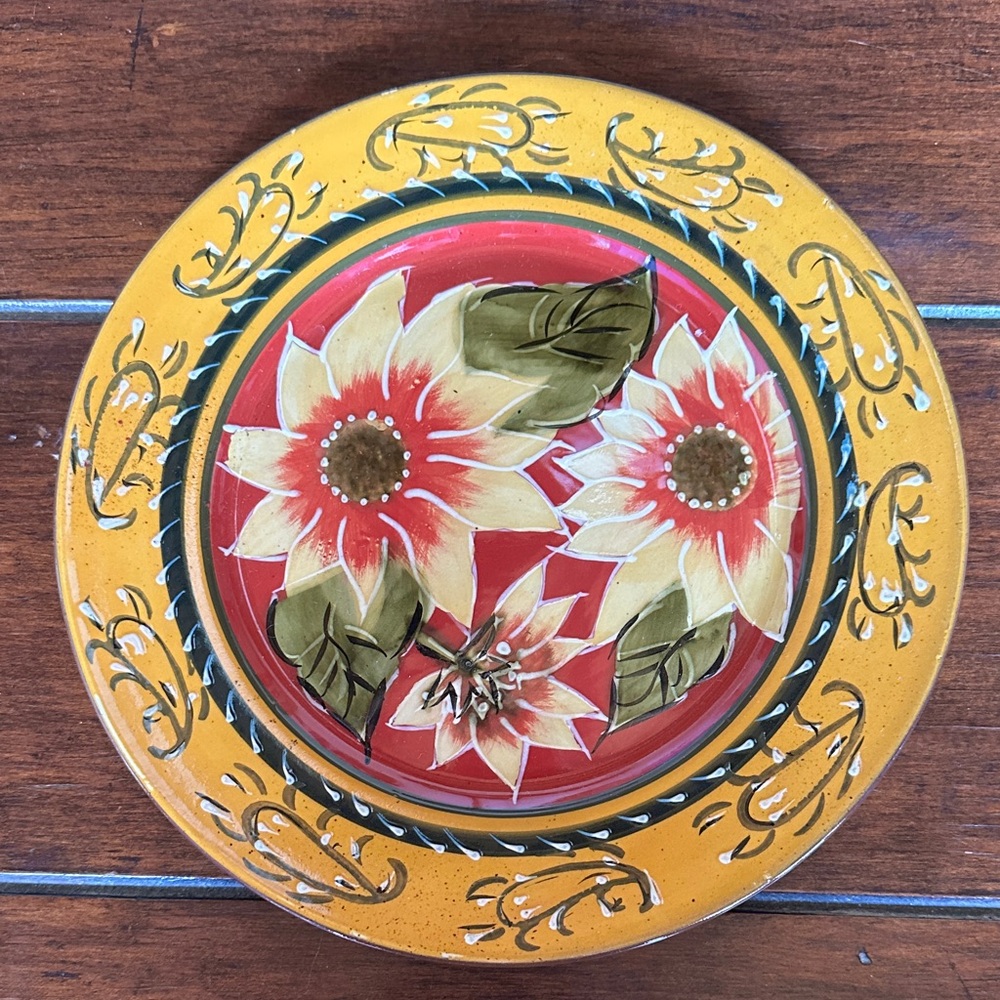 Pier 1 Hand-Painted Floral Decorative Small Plate - Red, Yellow, Green